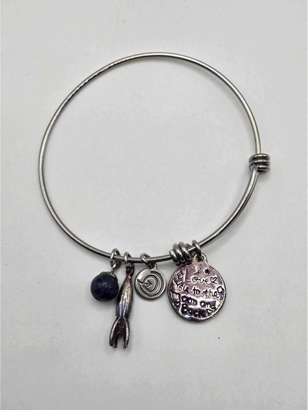 "I Love You to the Moon and Back" Expandable Bangle Bracelet Silver Tone Charms